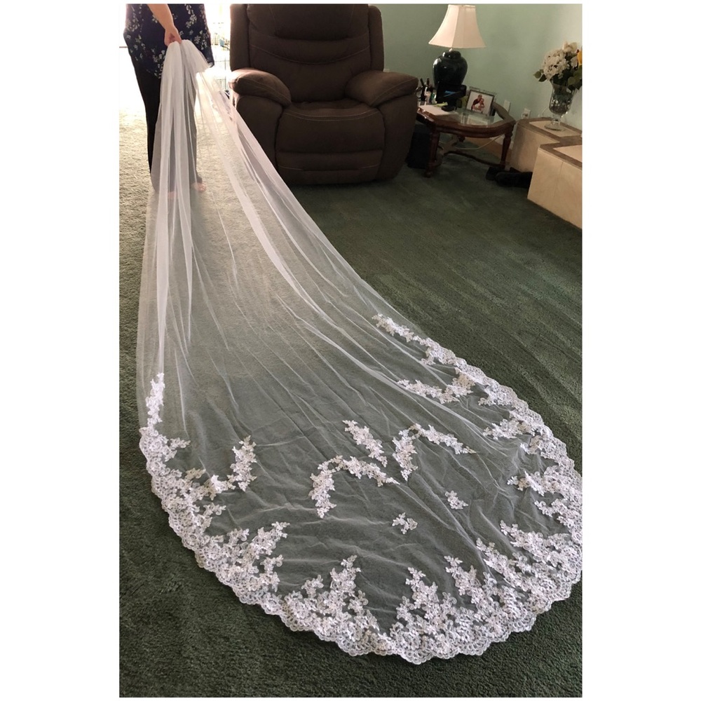 White Cathedral Lace Trimmed Veil ✨👰🏻